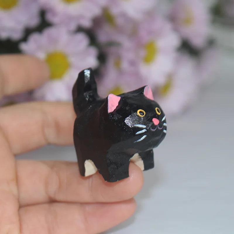 Handmade Wooden Black and White Cat Sitting Figurine Ziggy's Pop Toy Shoppe