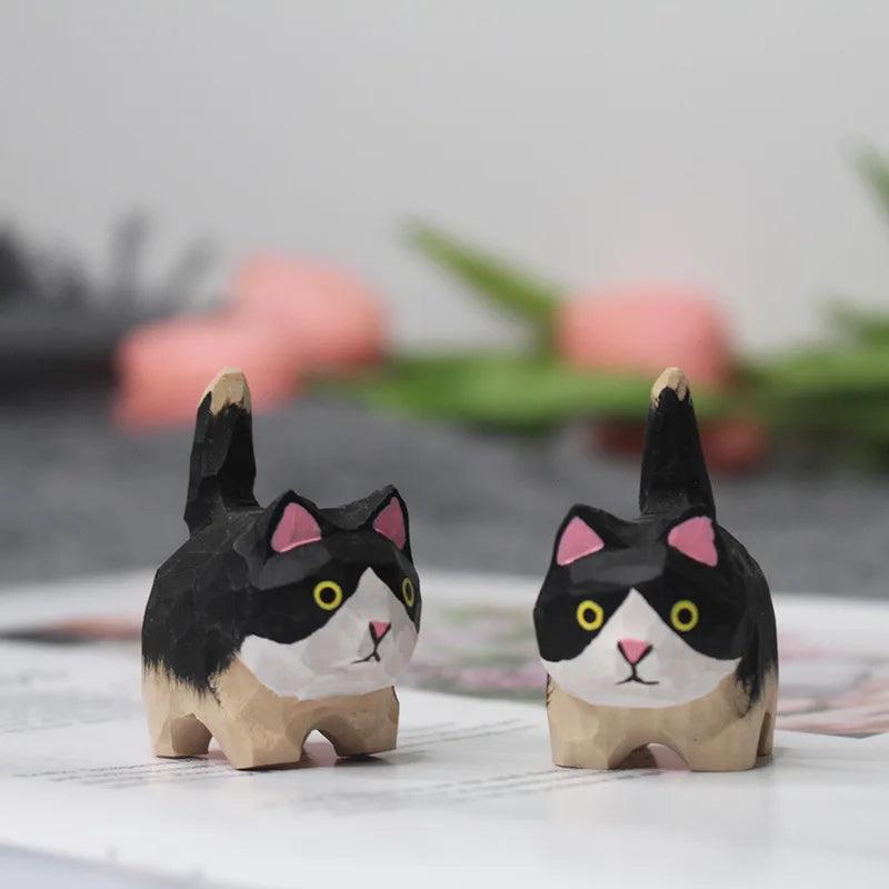 Handmade Wooden Black and White Cat Sitting Figurine Ziggy's Pop Toy Shoppe