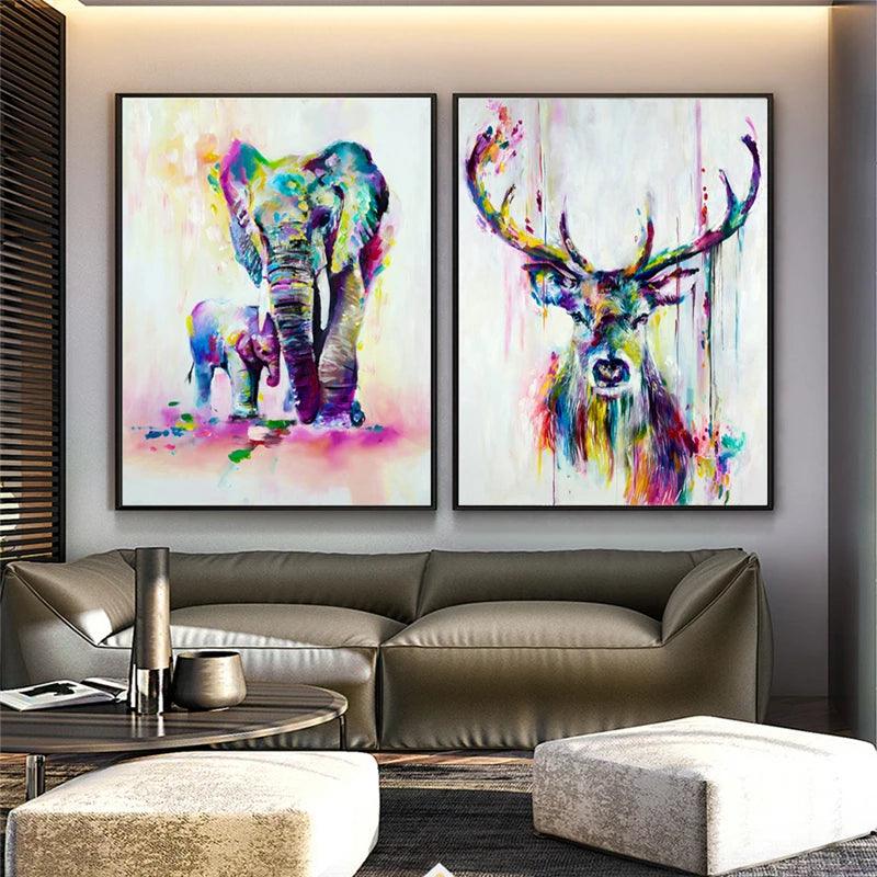 2pc Watercolor Elephant And Deer Abstract Graffiti Art Prints Ziggy's Pop Toy Shoppe