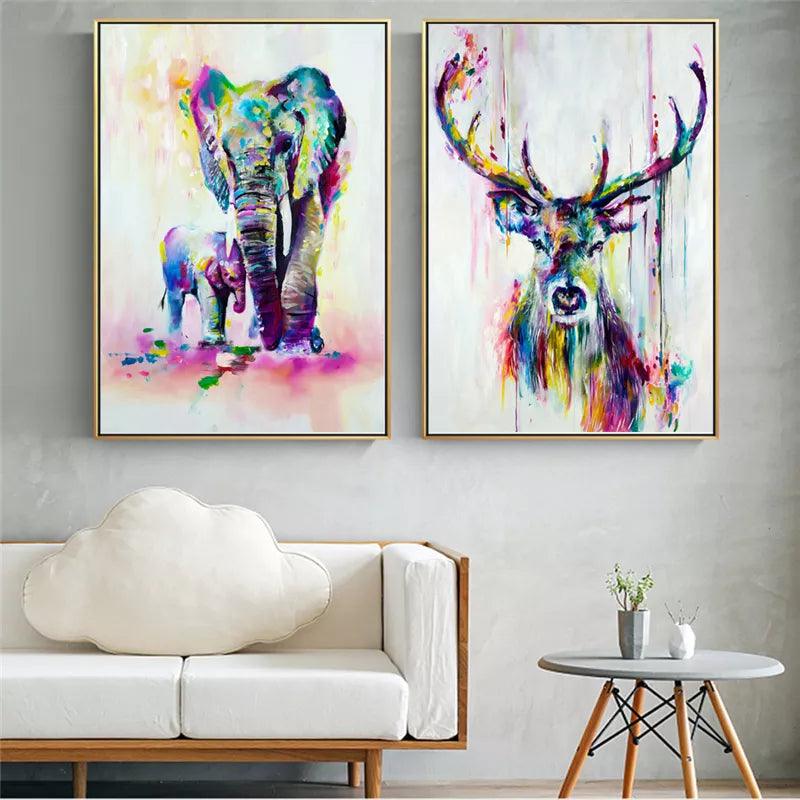 2pc Watercolor Elephant And Deer Abstract Graffiti Art Prints Ziggy's Pop Toy Shoppe