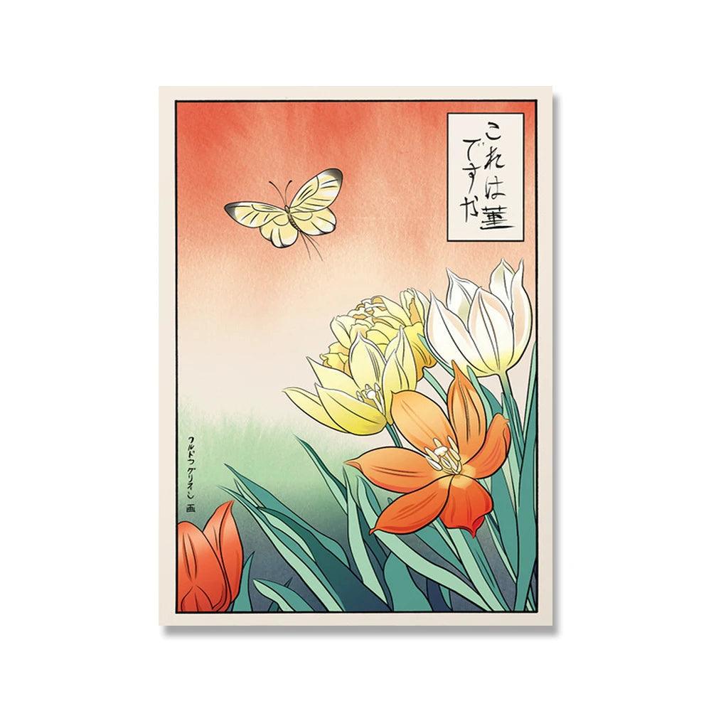 Ancient Japanese Butterfly Over Flowers Print Ziggy's Pop Toy Shoppe