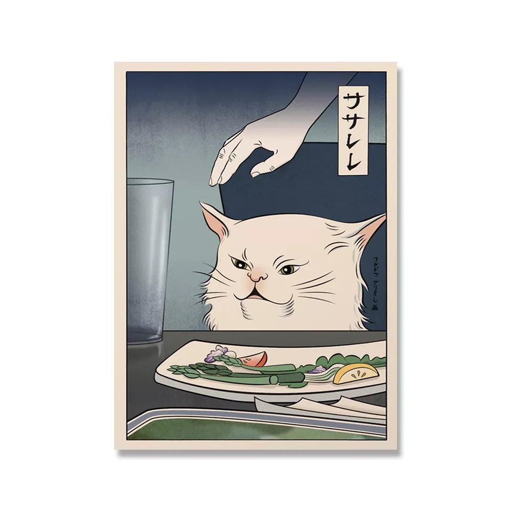 Ancient Japanese Cute Cat at Dinner Print Ziggy's Pop Toy Shoppe