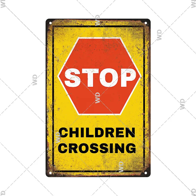 Caution- Stop! Children Crossing Vintage Tin Sign Ziggy's Pop Toy Shoppe