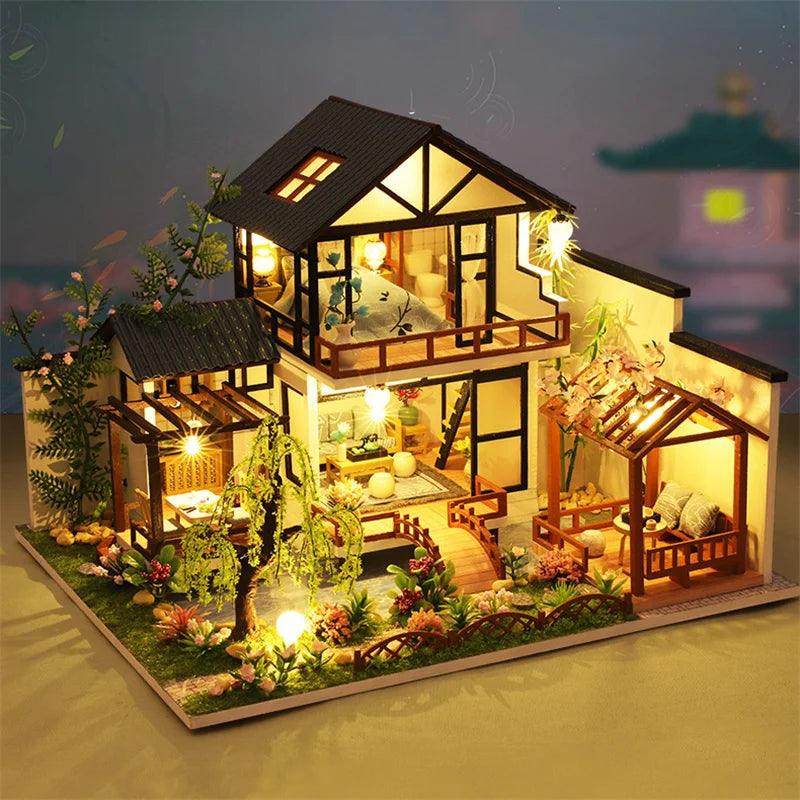 DIY Wooden Casa Japanese Dollhouse Kit with Cherry Blossoms Ziggy's Pop Toy Shoppe