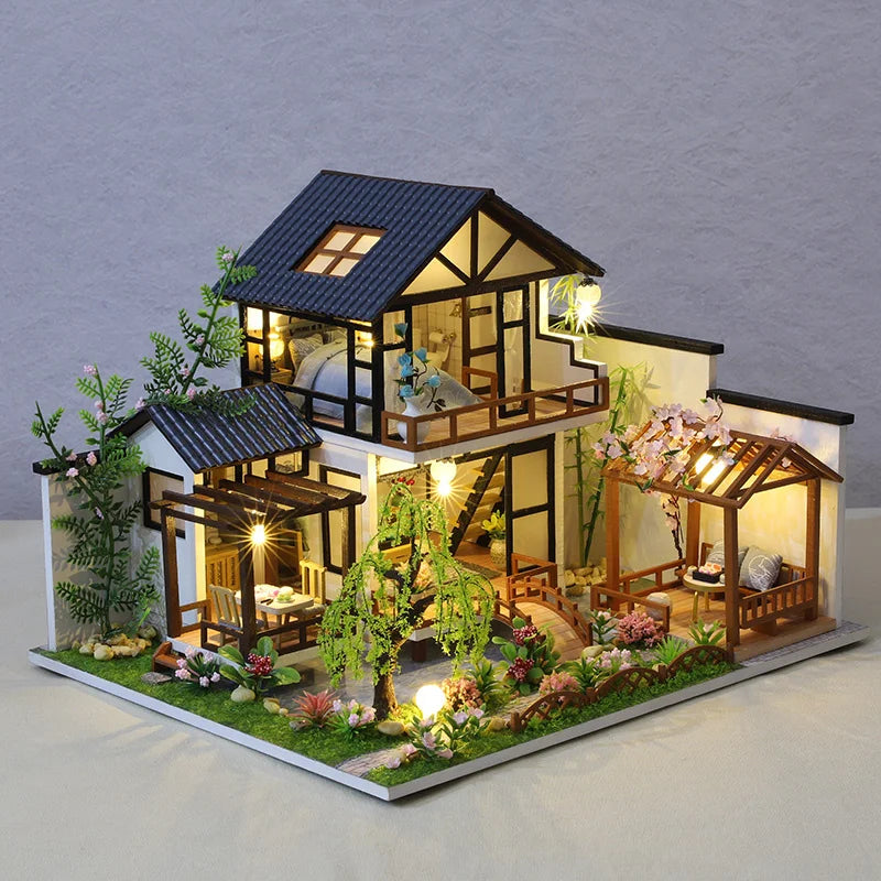 DIY Wooden Casa Japanese Dollhouse Kit with Cherry Blossoms Ziggy's Pop Toy Shoppe