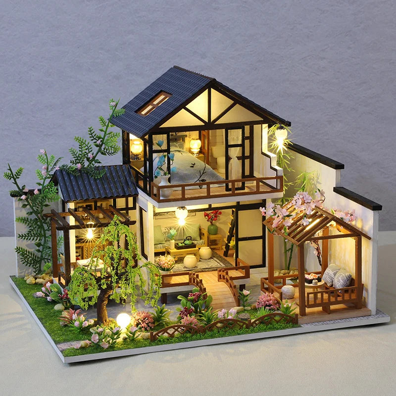 DIY Wooden Casa Japanese Dollhouse Kit with Cherry Blossoms Ziggy's Pop Toy Shoppe