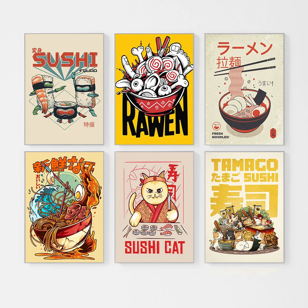 Japanese Sushi Cat Wall Art Prints
