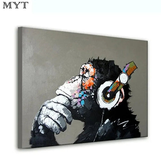 Hand painted Chimpanzee Listening to Headphones Oil Painting on Canvas Ziggy's Pop Toy Shoppe