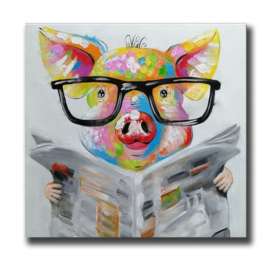 Hand painted Pig Reading Newspaper Oil Painting on Canvas Ziggy's Pop Toy Shoppe