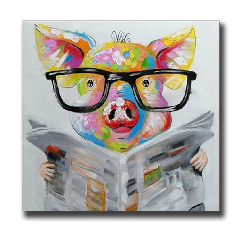 Hand painted Pig in Bowtie and Glasses Oil Painting on Canvas Ziggy's Pop Toy Shoppe