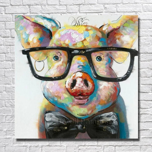 Hand painted Pig in Bowtie and Glasses Oil Painting on Canvas Ziggy's Pop Toy Shoppe