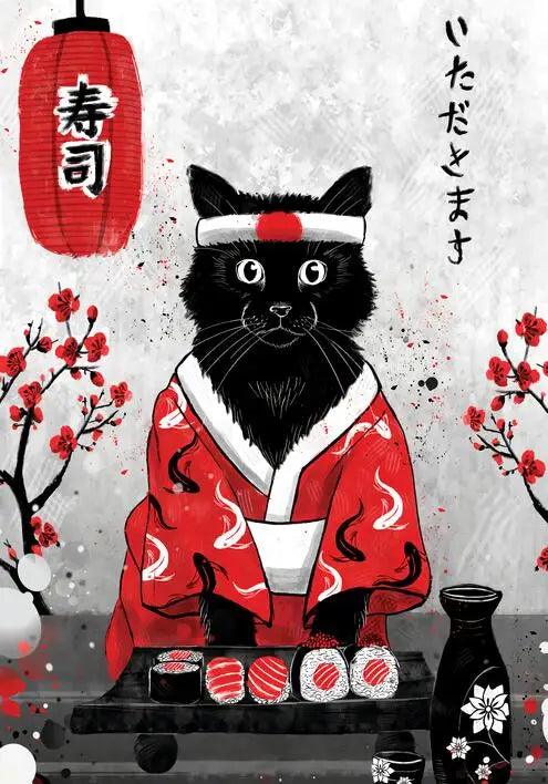 Japanese Cat Sushi Dinner Painting Ziggy's Pop Toy Shoppe