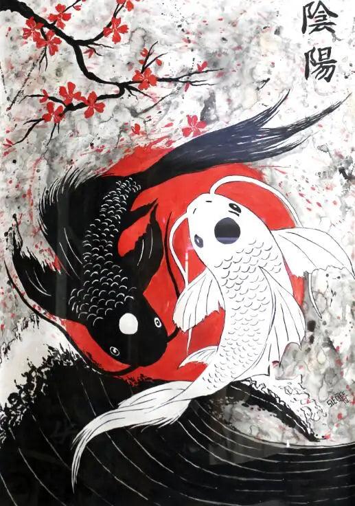 Japanese Yin-Yang Fish Over Rising Sun Oil Painting Ziggy's Pop Toy Shoppe