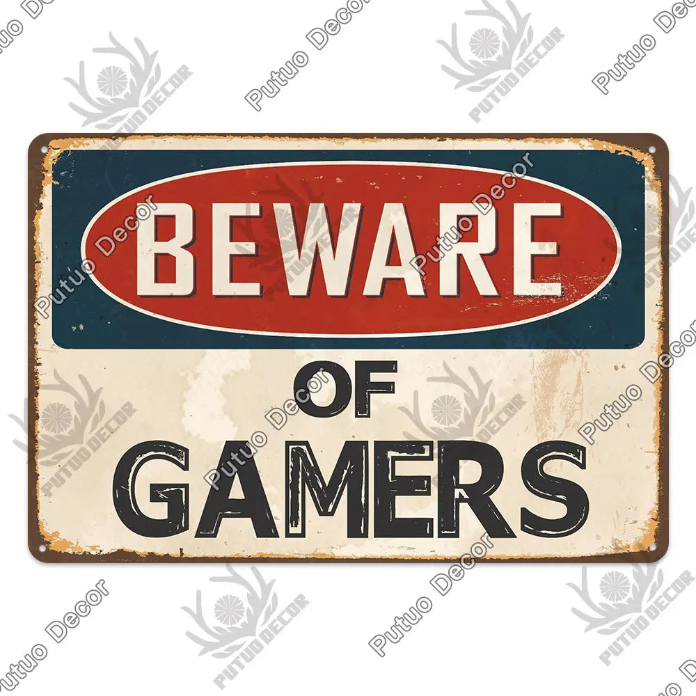 Putuo Vintage Beware of Gamers Tin Sign Ziggy's Pop Toy Shoppe