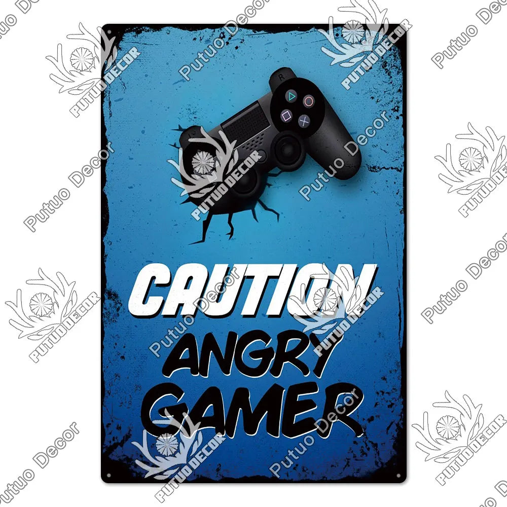 Putuo Vintage Caution Angry Gamer Tin Sign Ziggy's Pop Toy Shoppe