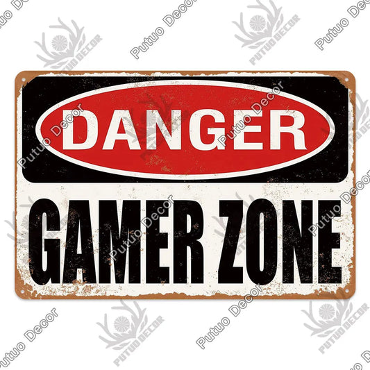 Putuo Vintage Danger Gamer Zone Tin Sign Ziggy's Pop Toy Shoppe